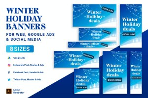 寒假旅游网站多尺寸广告设计素材 Winter Holiday Travel Web banner, Google Ads, Post
