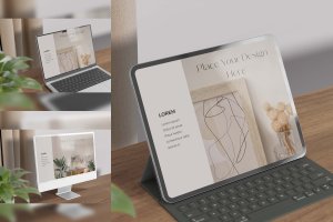 笔记本电脑/平板电脑/显示器设备样机 Device Screen Mockup Laptop, Tablet, and Monitor