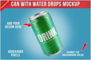 水珠铝制易拉罐包装设计样机模板v1 Can With Water Drops Mockup Template