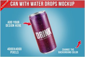 水珠铝制易拉罐包装设计样机模板v2 Can With Water Drops Mockup Template