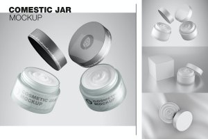 乳霜化妆品罐和盒子包装设计样机 Cream Cosmetic Jar with Box Mockup