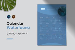 水生动物主题日历年历设计模板 Waterfauna Calendar