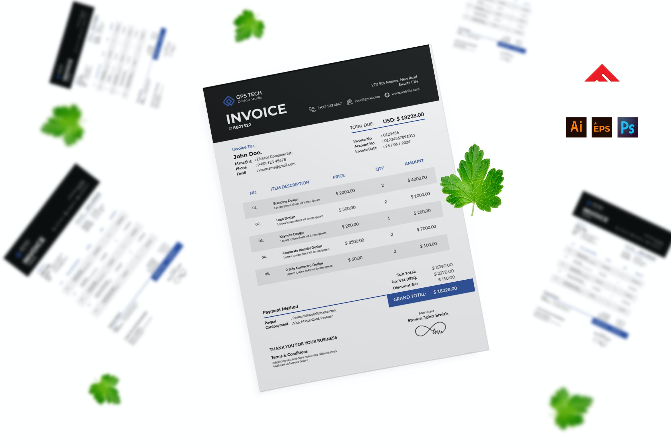 黑色信头费用清单发票收据设计模板 Black Letter Head Invoice Design