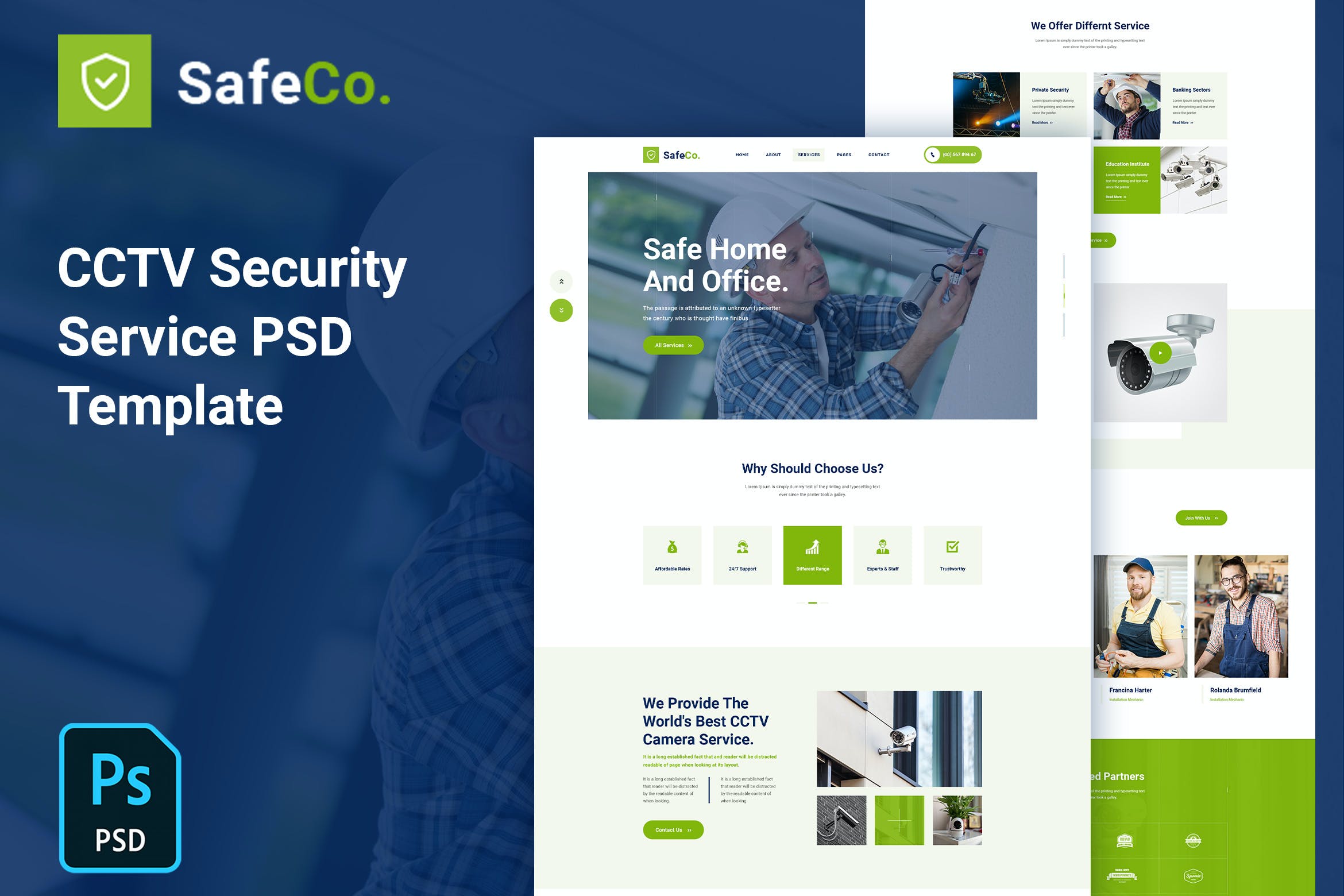 监控安全服务机构网站设计PSD模板 SafeCo – CCTV Security Service Agency PSD Template