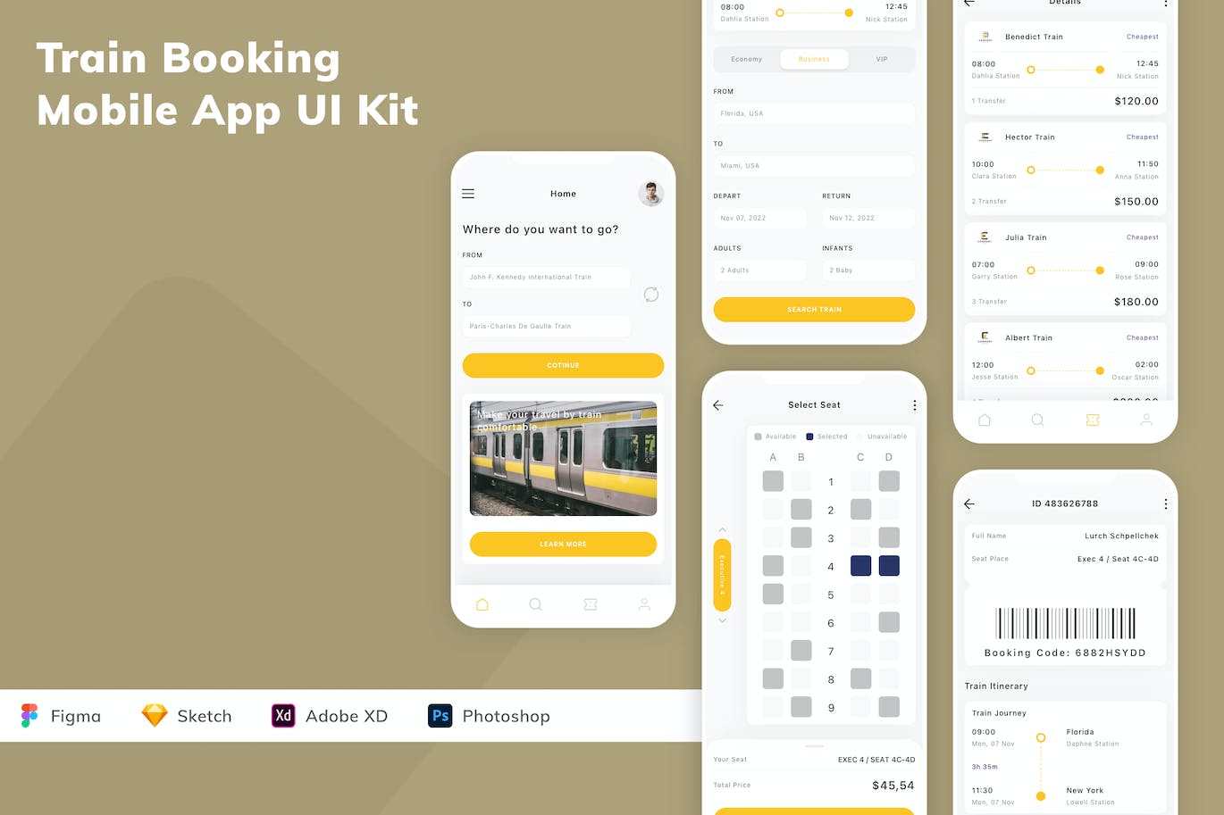 火车票预订App应用界面设计模板 Train Booking Mobile App UI Kit