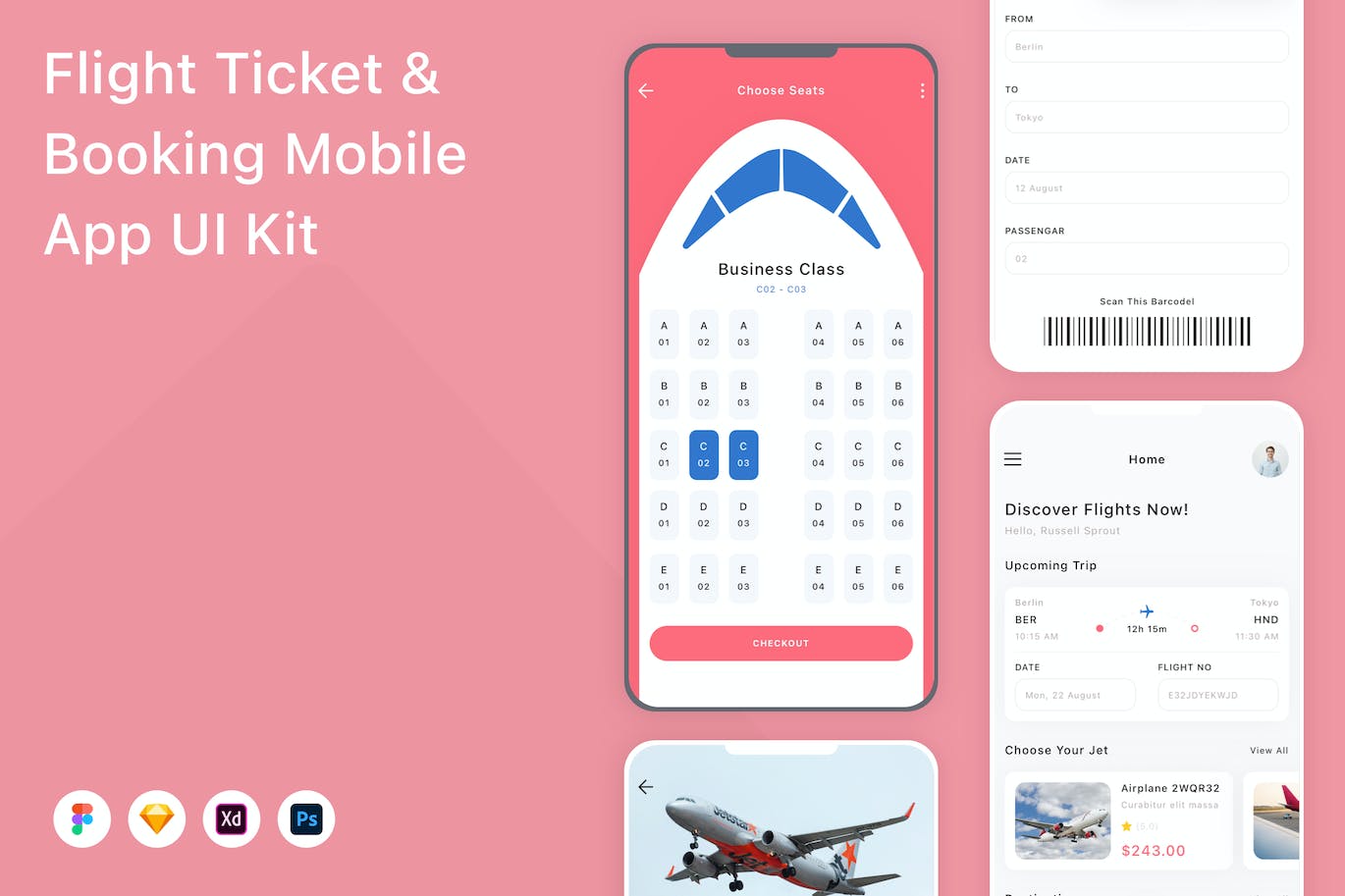 机票预订App应用程序UI设计模板套件 Flight Ticket & Booking Mobile App UI Kit