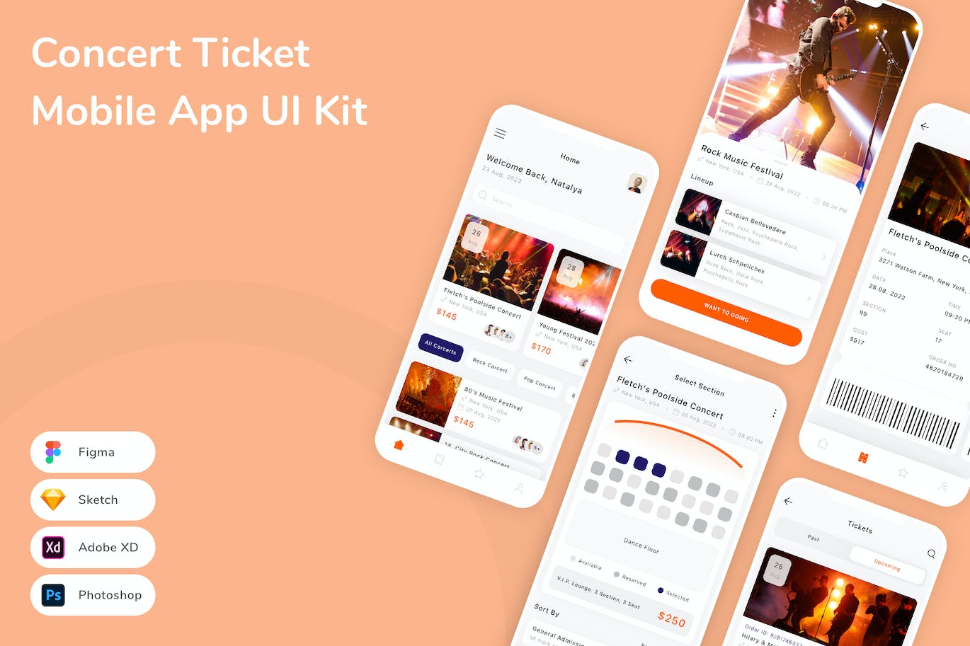 音乐会门票App应用程序UI设计模板套件 Concert Ticket Mobile App UI Kit