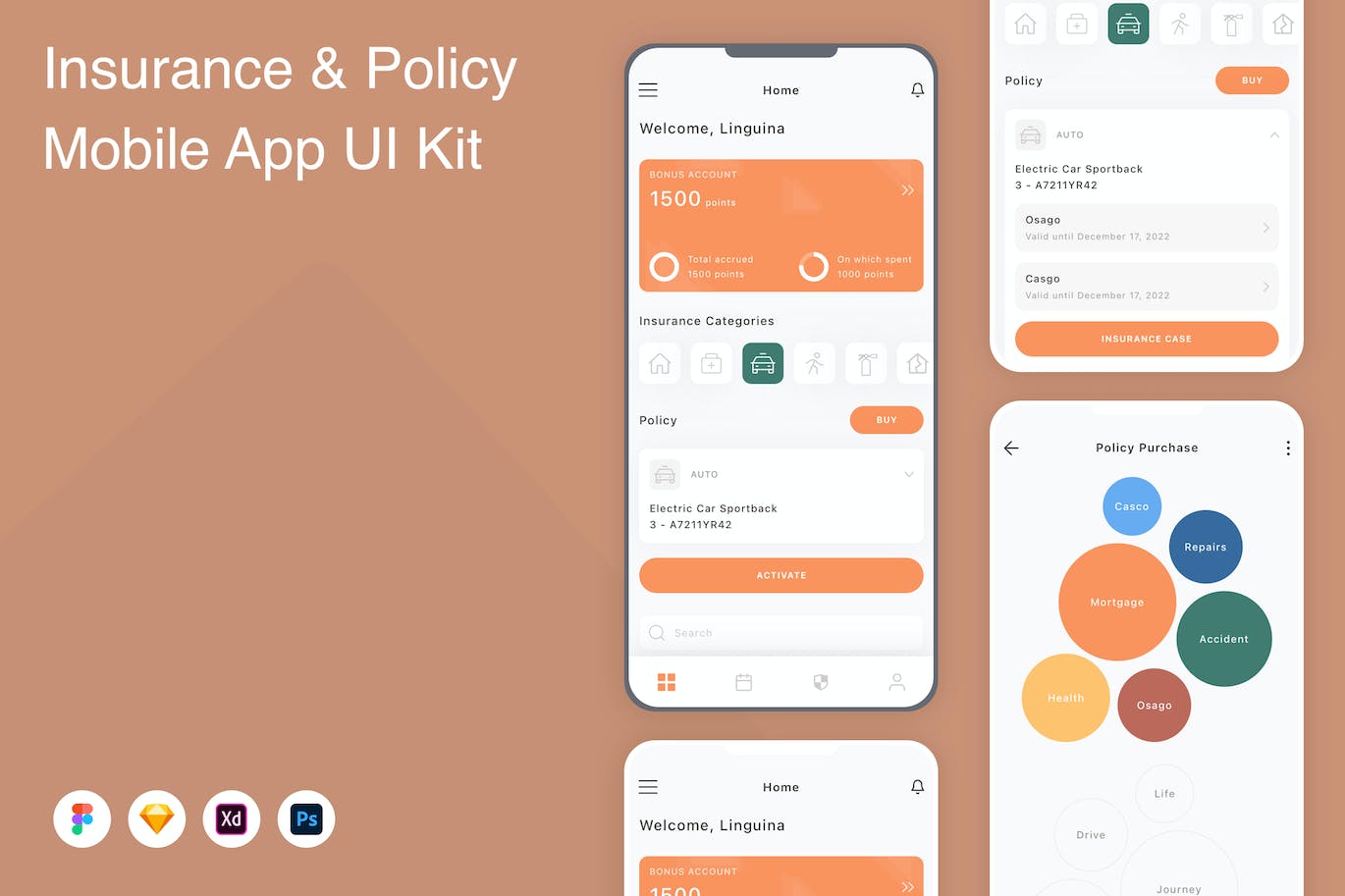 保险方案移动应用程序App设计UI模板 Insurance & Policy Mobile App UI Kit
