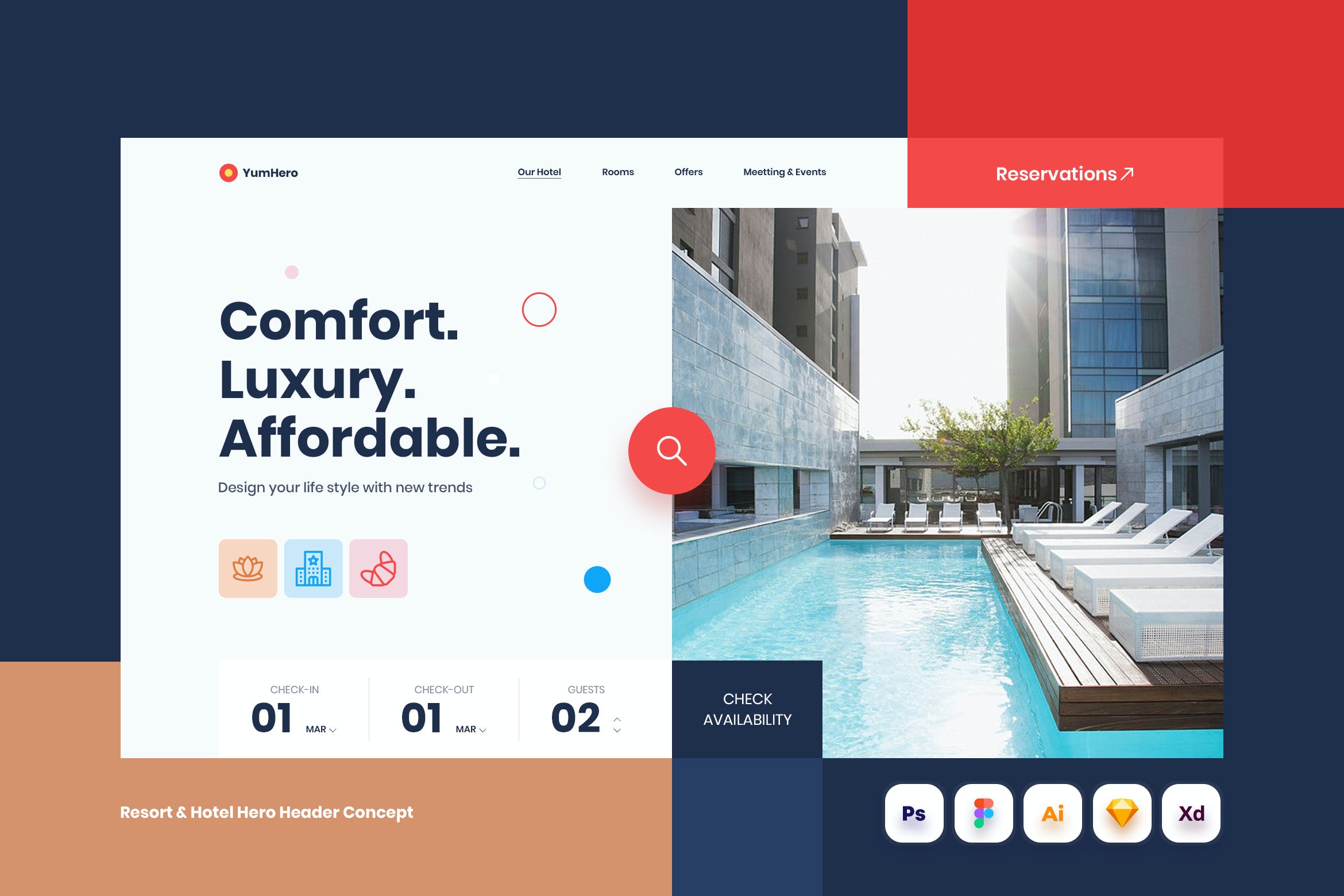 度假酒店网站Header标头概念设计模板 Resort & Hotel Hero Header Concept