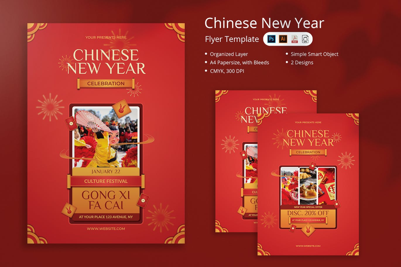 大红农历新年宣传单设计模板 Niama – Chinese New Year Flyer