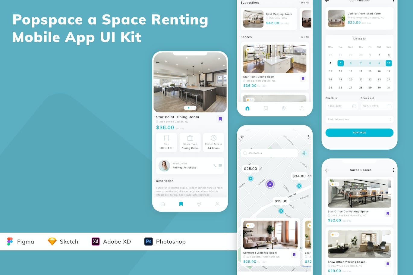 办公室租赁App应用程序UI设计模板套件 Popspace a Space Renting Mobile App UI Kit