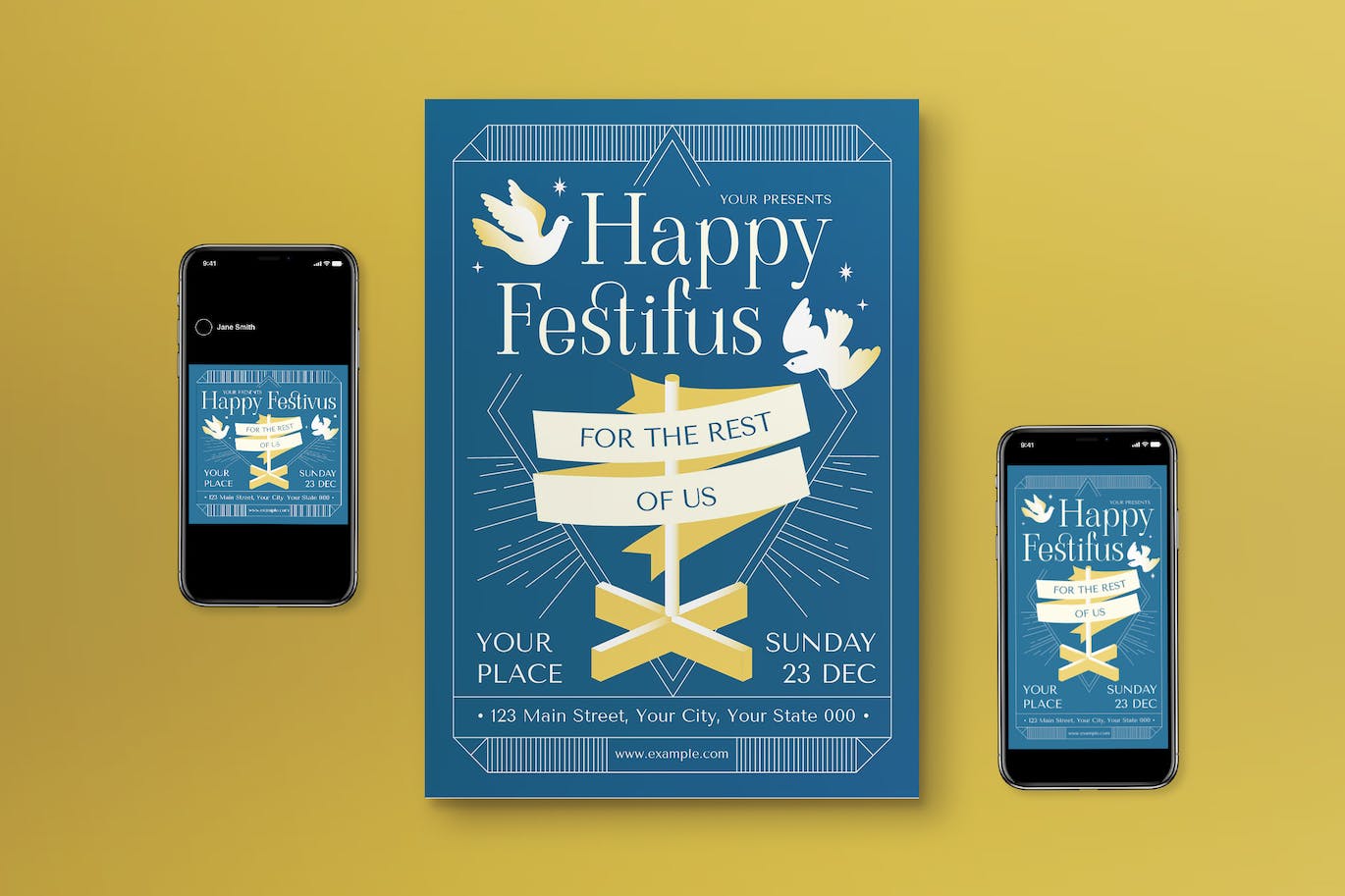 蓝色极简节日活动海报传单套装 Blue Minimalist Festivus Flyer Set