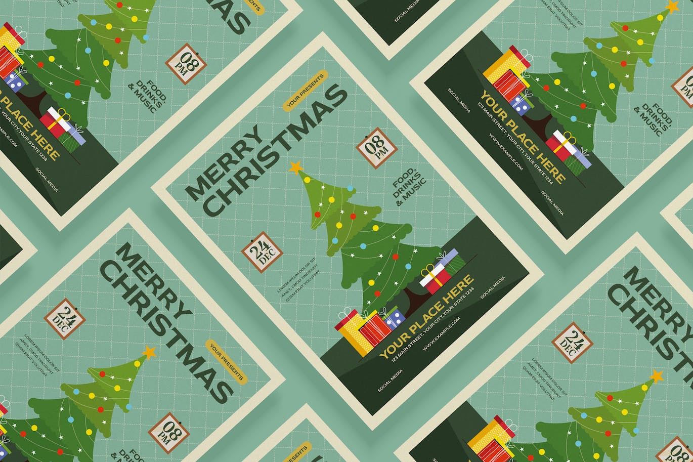 绿色网格圣诞派对海报模板下载 Christmas Party Flyer