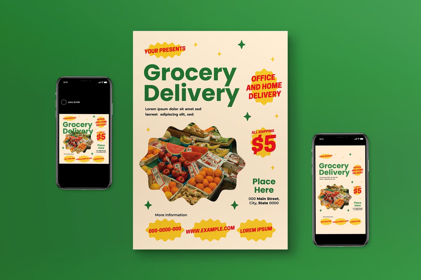 杂货配送传单设计 Grocery Delivery Flyer Set