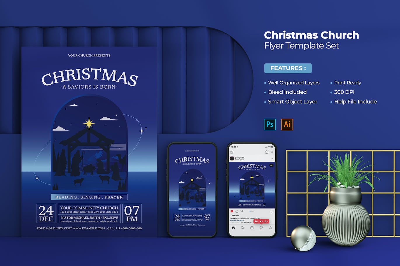 圣诞教堂活动海报模板 Christmas Church Flyer Template