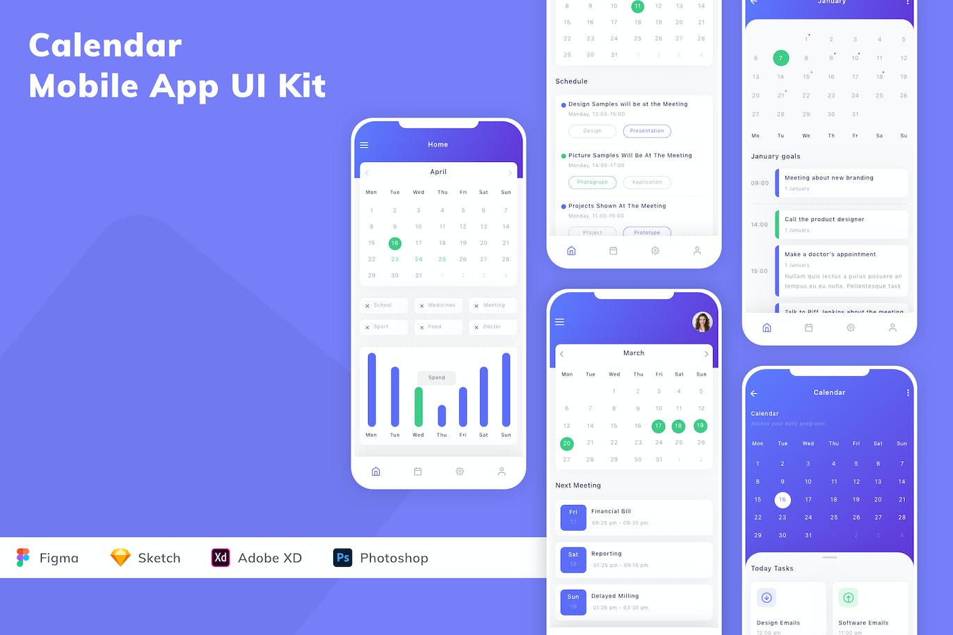 日历App应用程序UI工具包素材 Calendar Mobile App UI Kit