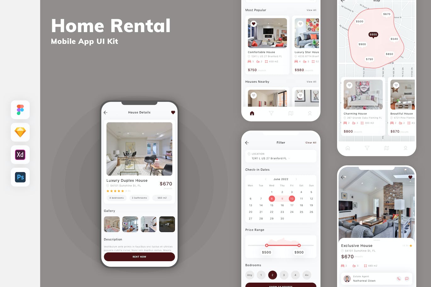 房屋租赁App移动应用设计UI工具包 Home Rental Mobile App UI Kit
