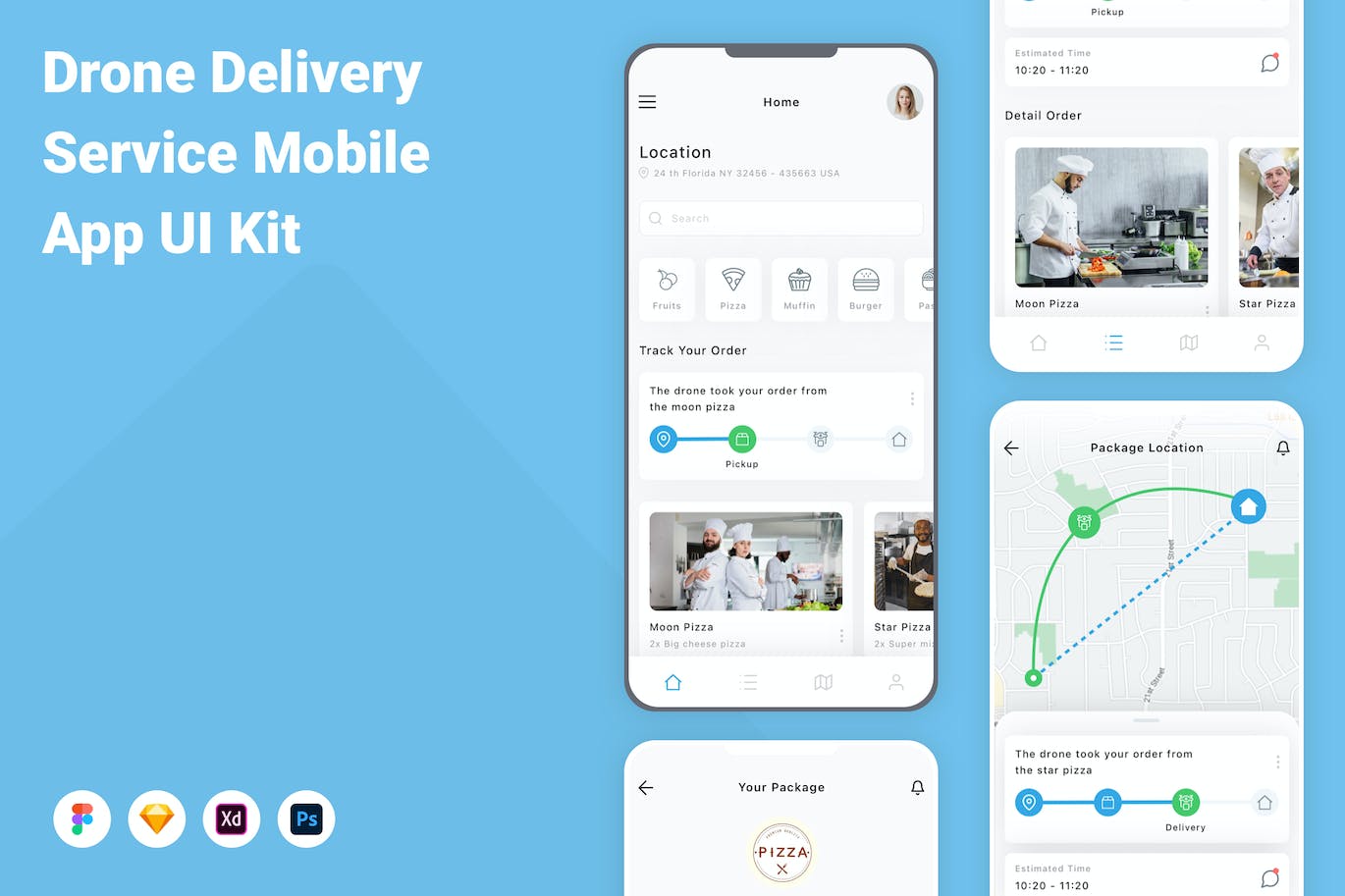 无人机送货服务App应用程序UI工具包素材 Drone Delivery Service Mobile App UI Kit