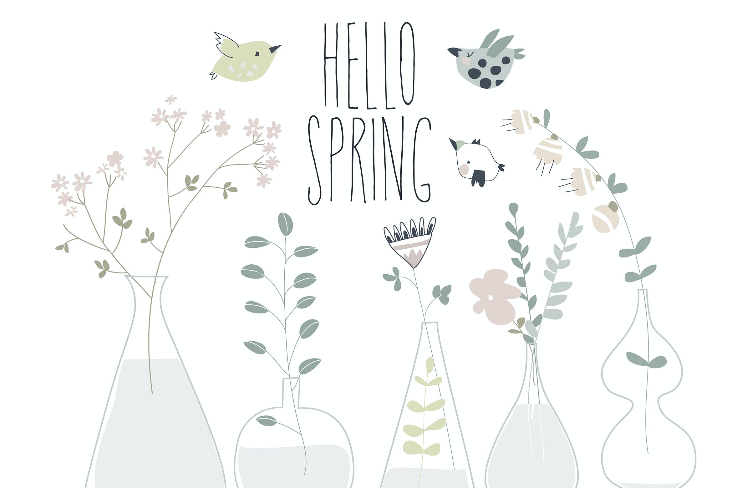 不同瓶子卡通春天花卉插画 Cartoon spring flowers in different bottles. Vecto