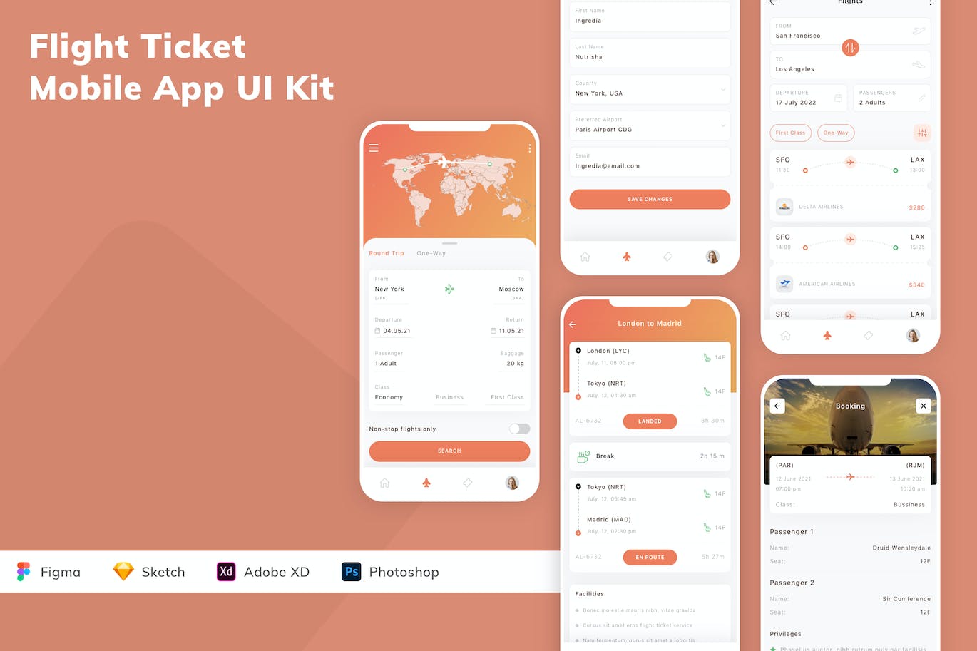 订机票App应用程序UI设计模板套件 Flight Ticket Mobile App UI Kit