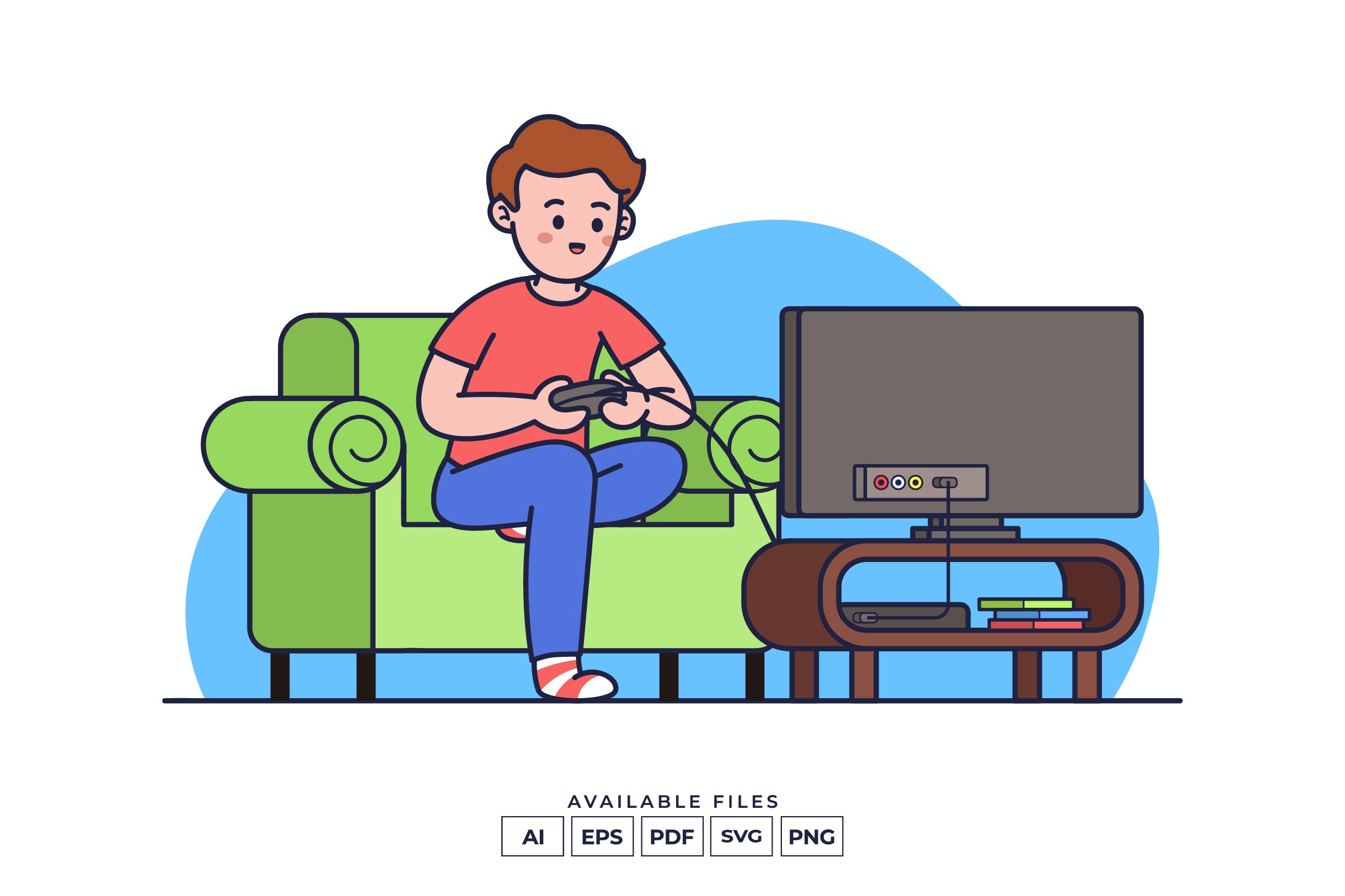 玩电子游戏场景矢量插画v3 Playing Video Game Illustration