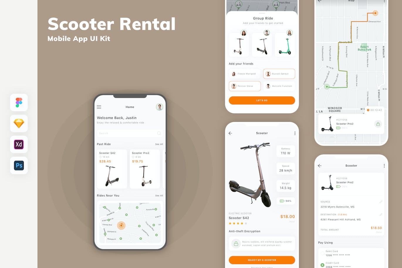 滑板车租赁App移动应用设计UI工具包 Scooter Rental Mobile App UI Kit