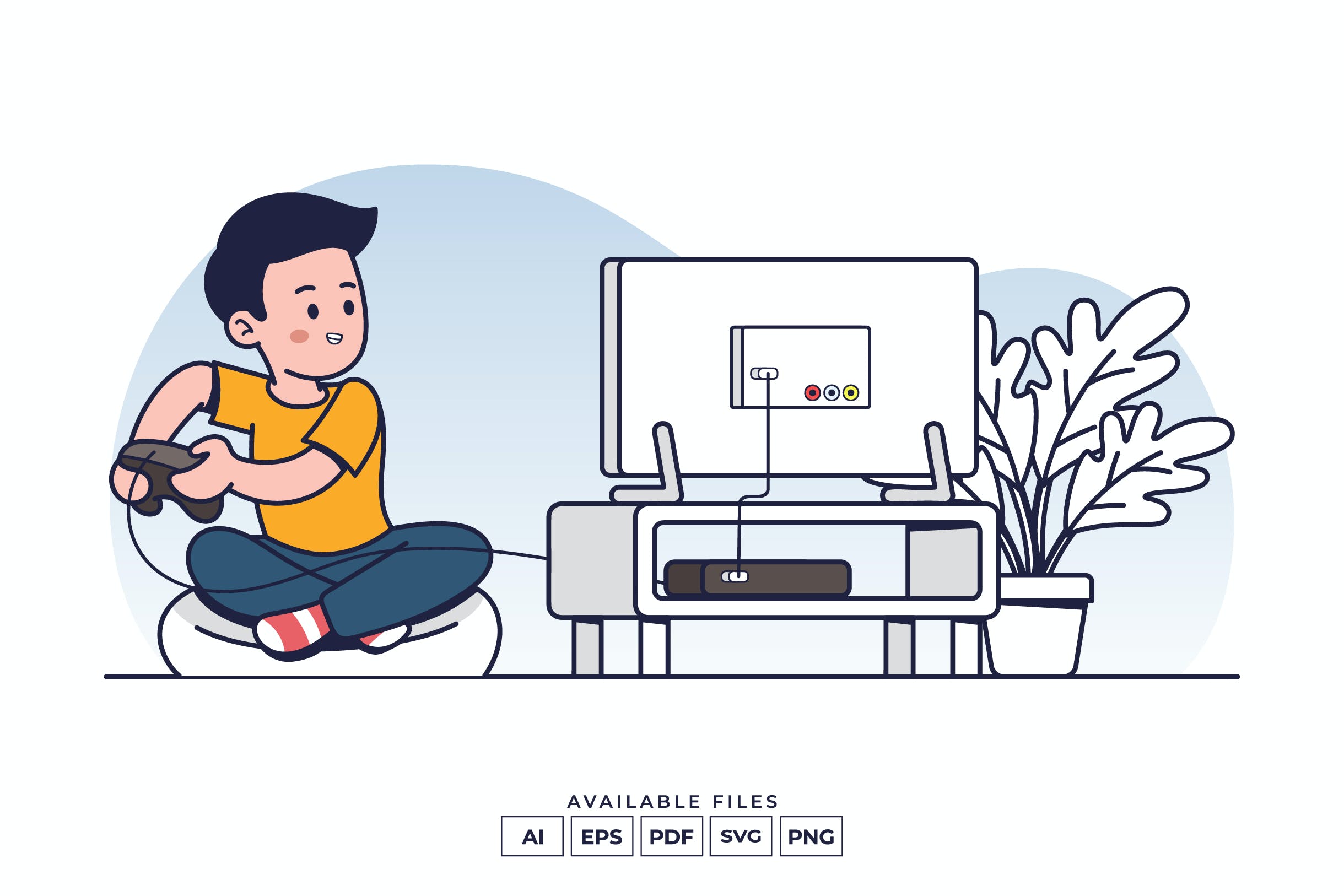 玩电子游戏场景矢量插画v1 Playing Video Game Illustration