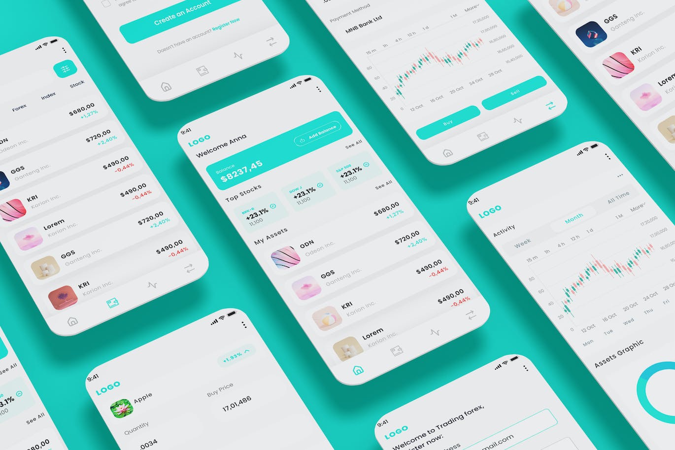 外汇和股票市场交易App移动应用UI套件 Trading in Forex & Stock Market Mobile App Ui Kit