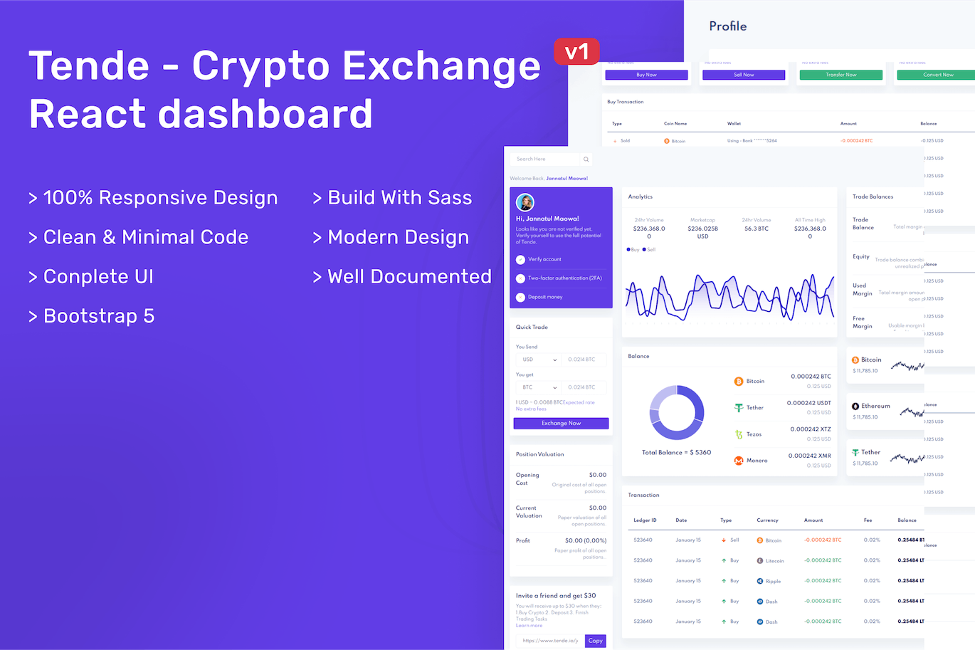 加密货币交易所React仪表板模板 Tende – Cryptocurrency Exchange React Dashboard