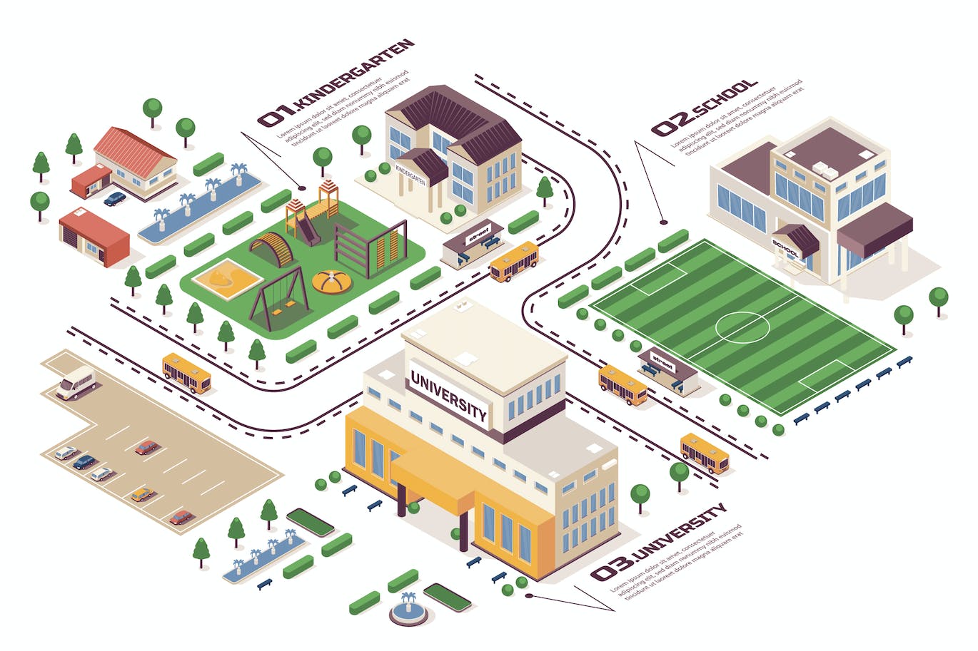 学校学习概念3D等距基建场景矢量插画 School Learning Isometric Infographic
