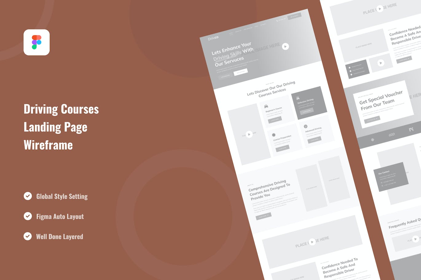 驾校着陆页网站设计线框图模板 Driving Courses Landing Page Website Wireframe