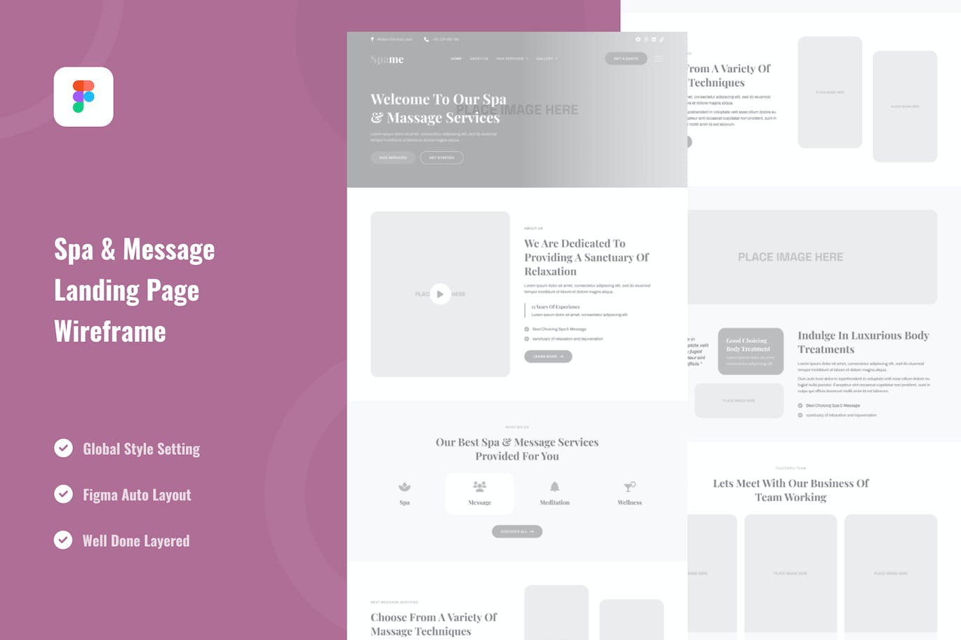 水疗服务着陆页网站线框图Figma模板 Spa & Message Landing Page Website Wireframe Figma
