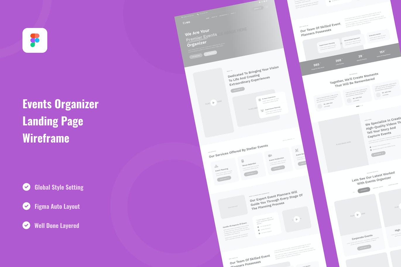 活动组织着陆页网站设计线框图模板 Events Organizer Landing Page Website Wireframe