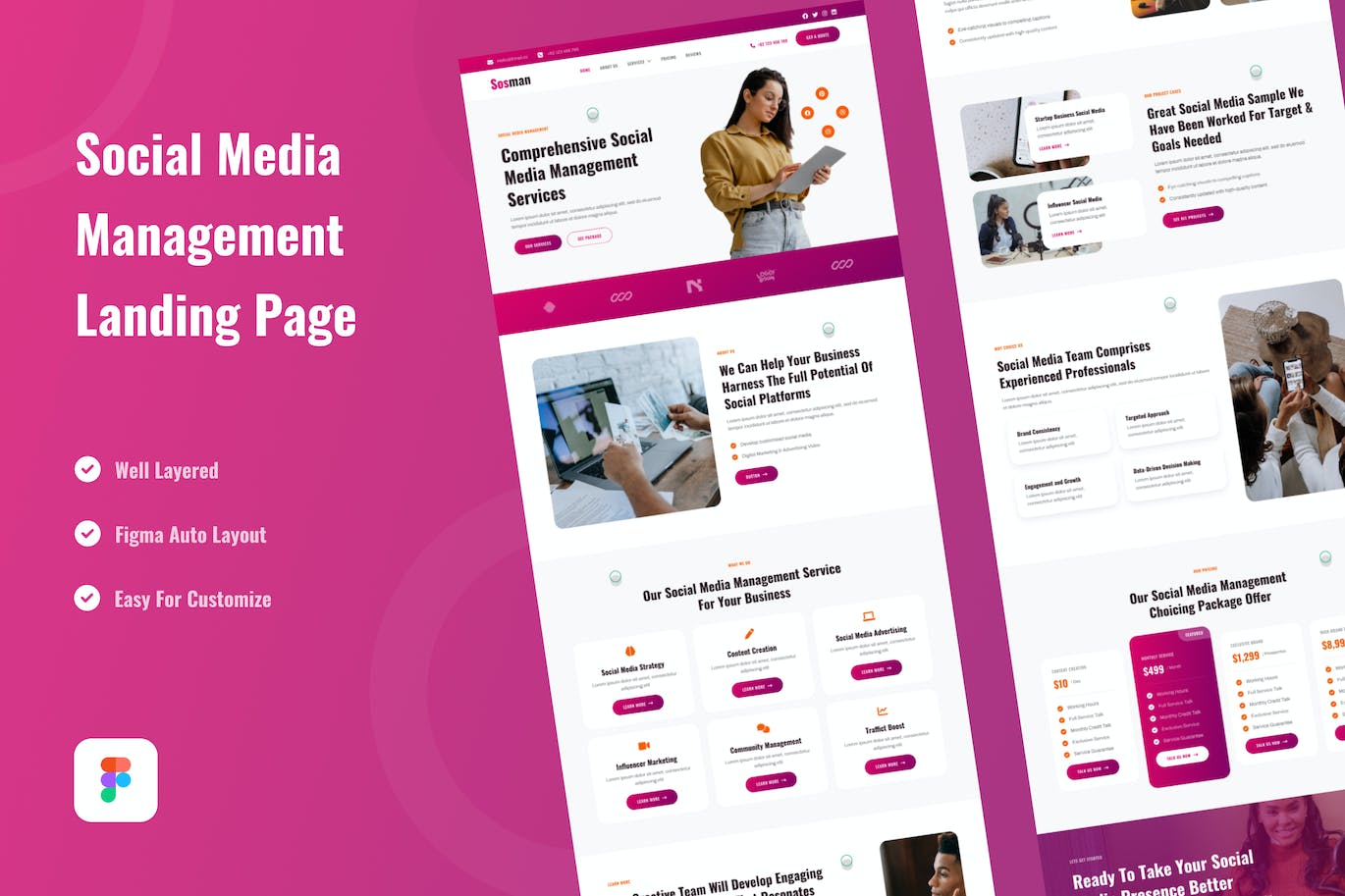 社交媒体管理网站着陆页线框图模板 Social Media Management Landing Page Website Figma