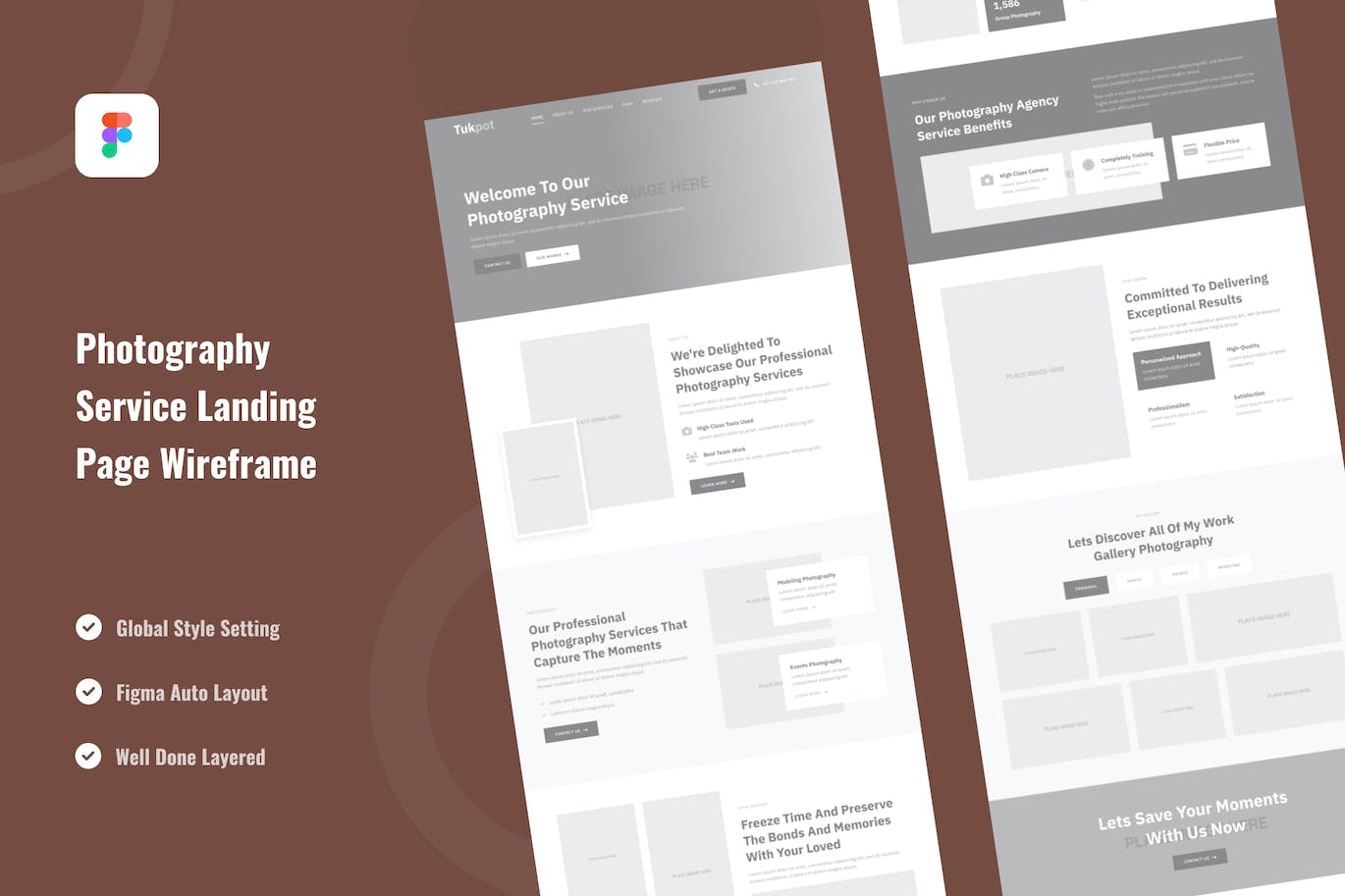 摄影服务着陆页网站设计线框图模板 Photography Service Landing Page Website Wireframe