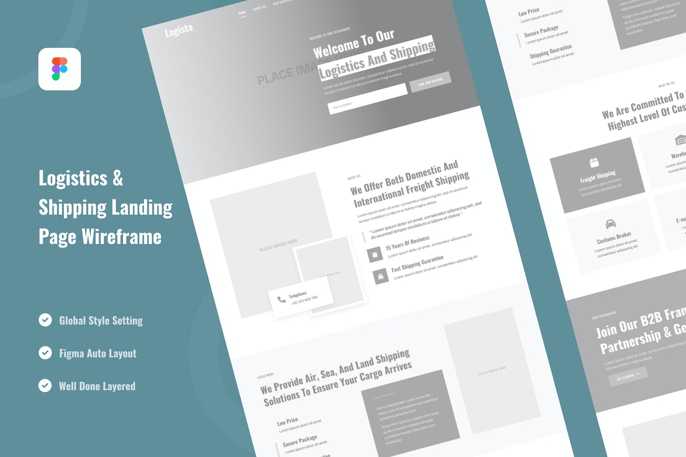 物流与航运网站着陆页线框图Figma模板 Logistics & Shipping Landing Page Wireframe Figma