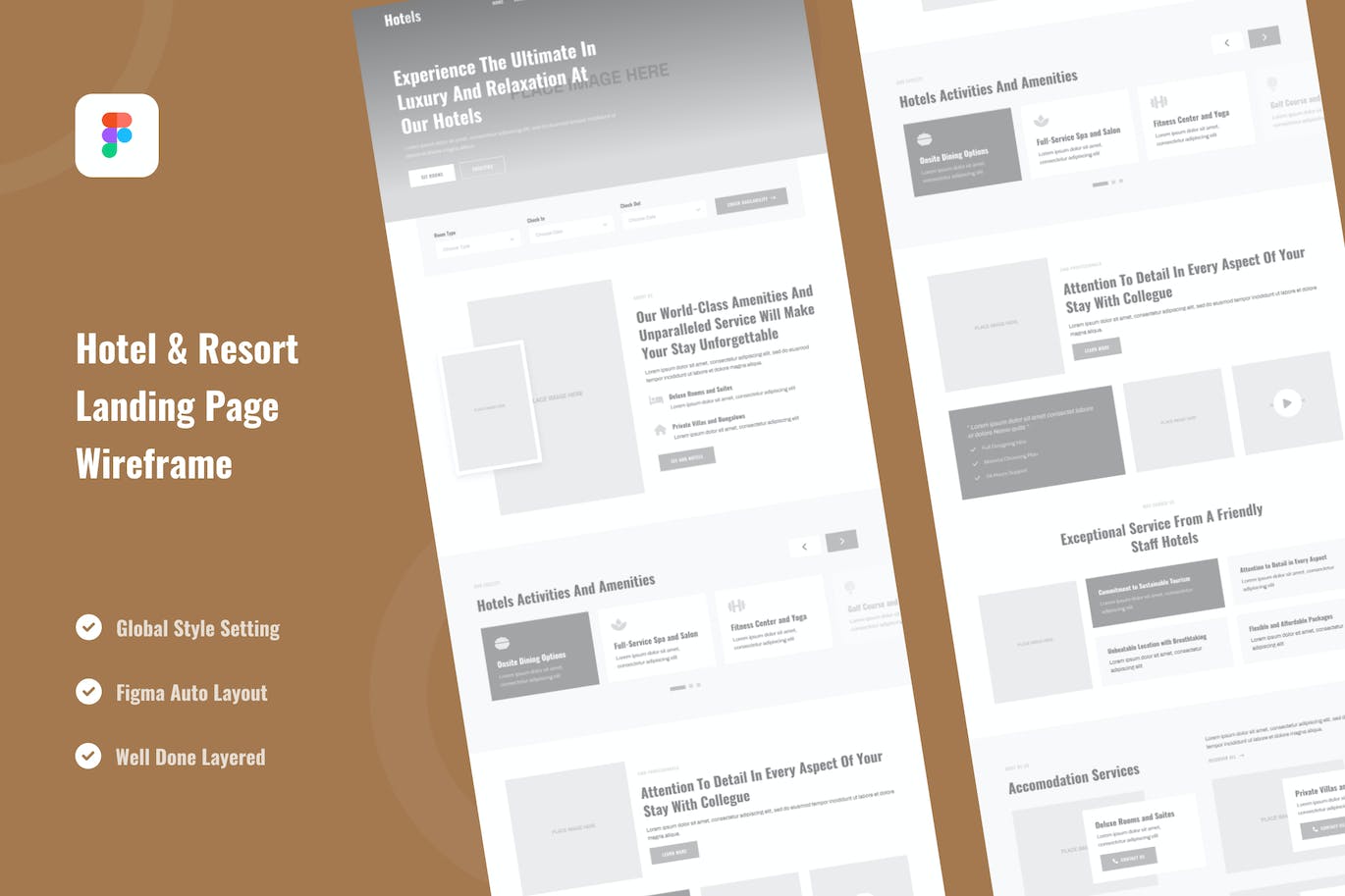 酒店和度假村着陆页网站设计线框图模板 Hotel & Resort Landing Page Website Wireframe