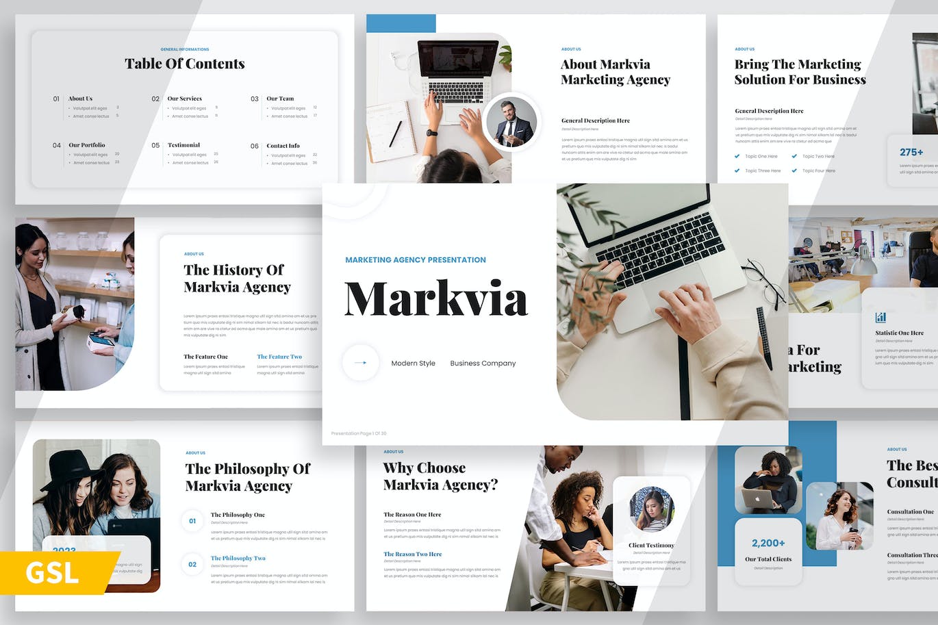 创意策略与市场领先谷歌幻灯片素材 Markvia – Marketing Agency Google Slide