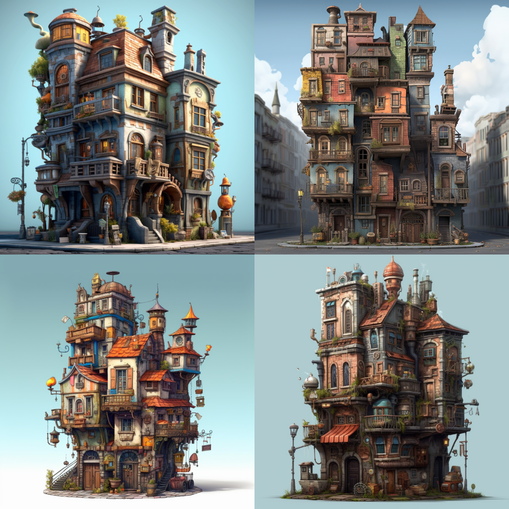 一个带有玩偶小屋和石阶的城市街区，哥特式 – Midjourney Prompt