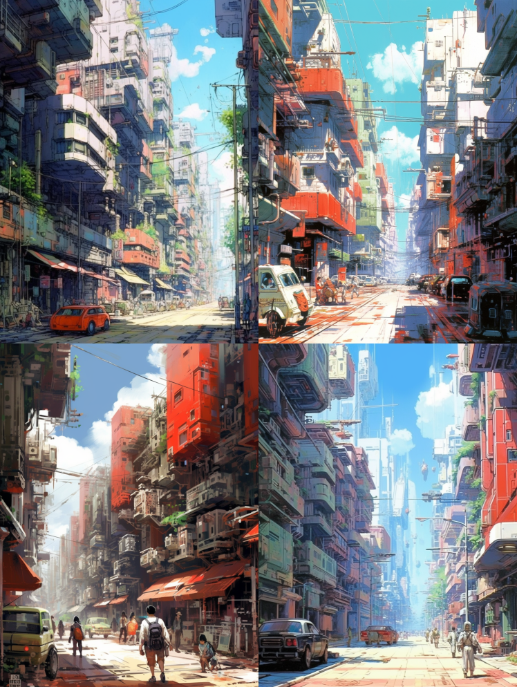 未来城市街道的和平图景，有砖头公寓，令人 – Midjourney Prompt