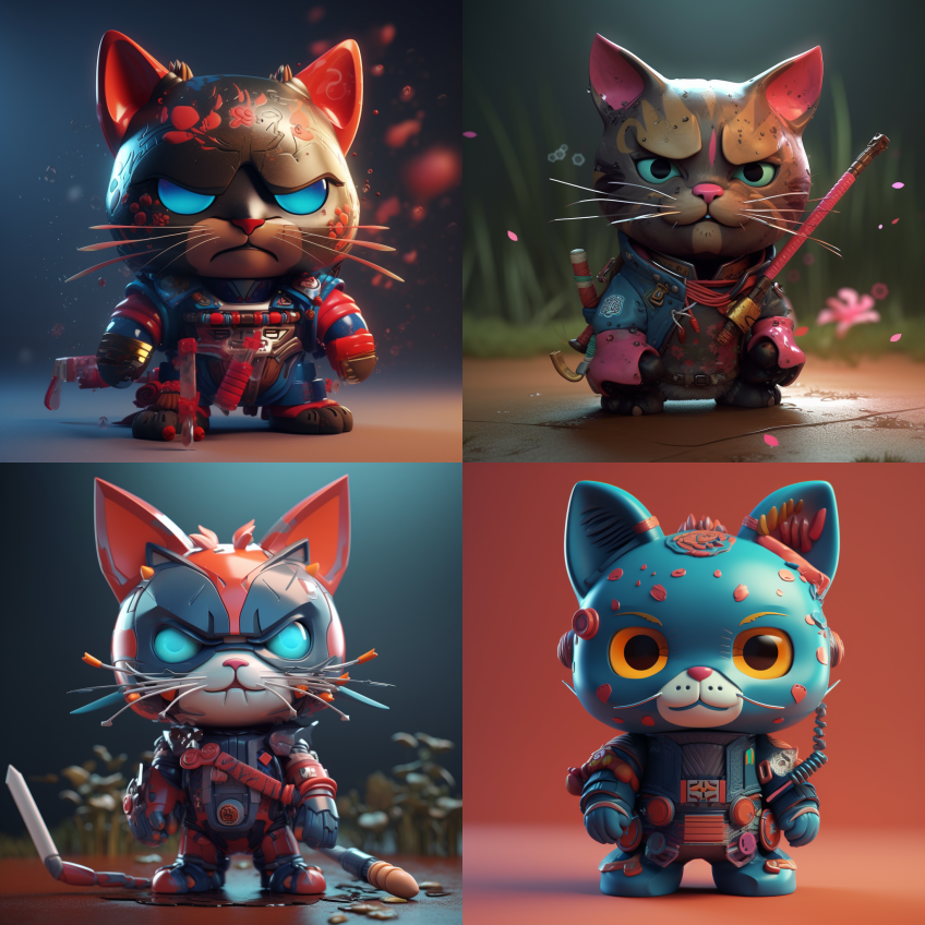 机器人武士猫角色可爱风格化3D红移渲染多 – Midjourney Prompt