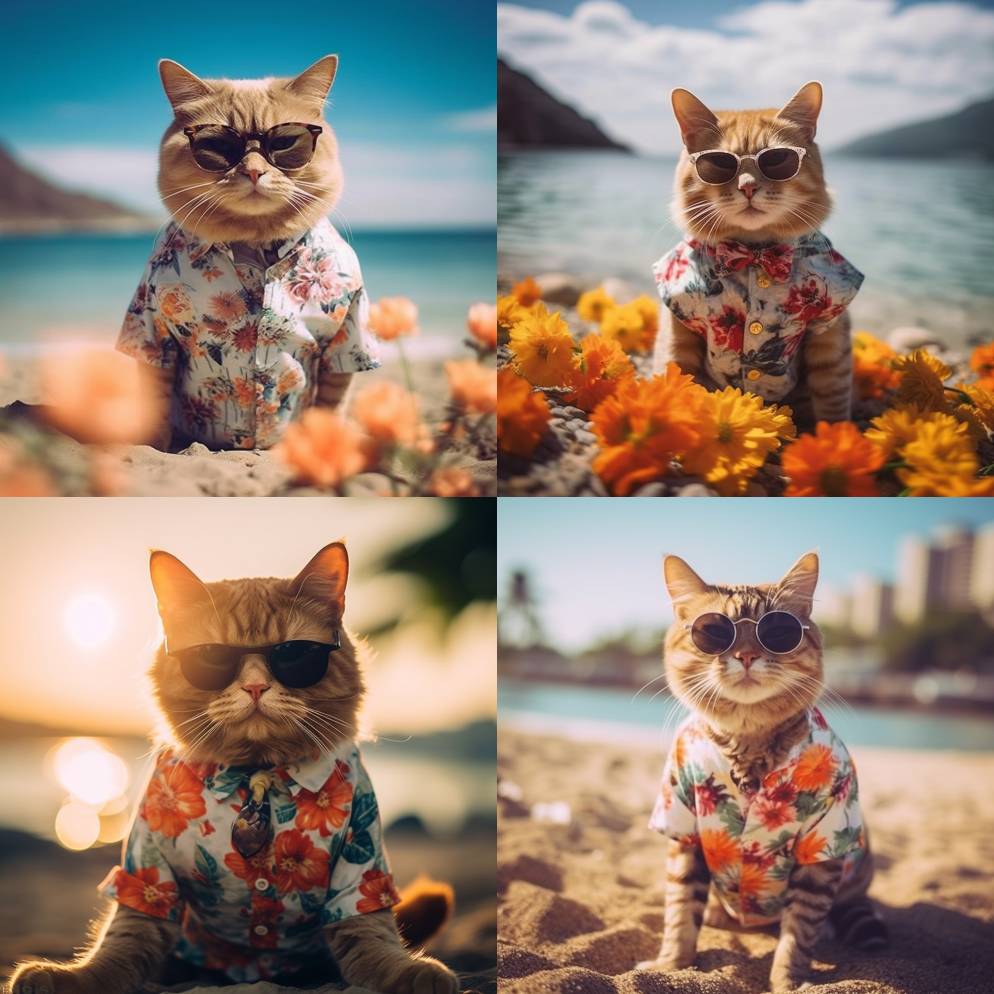 一只猫戴着墨镜站在海滩边，戴着花式的太阳 – Midjourney Prompt