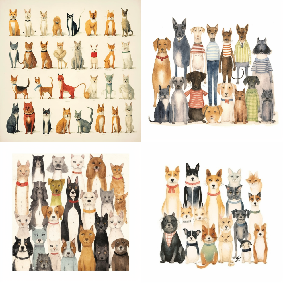 白色背景上的复古海报猫狗插图，风格有梅贝 – Midjourney Prompt