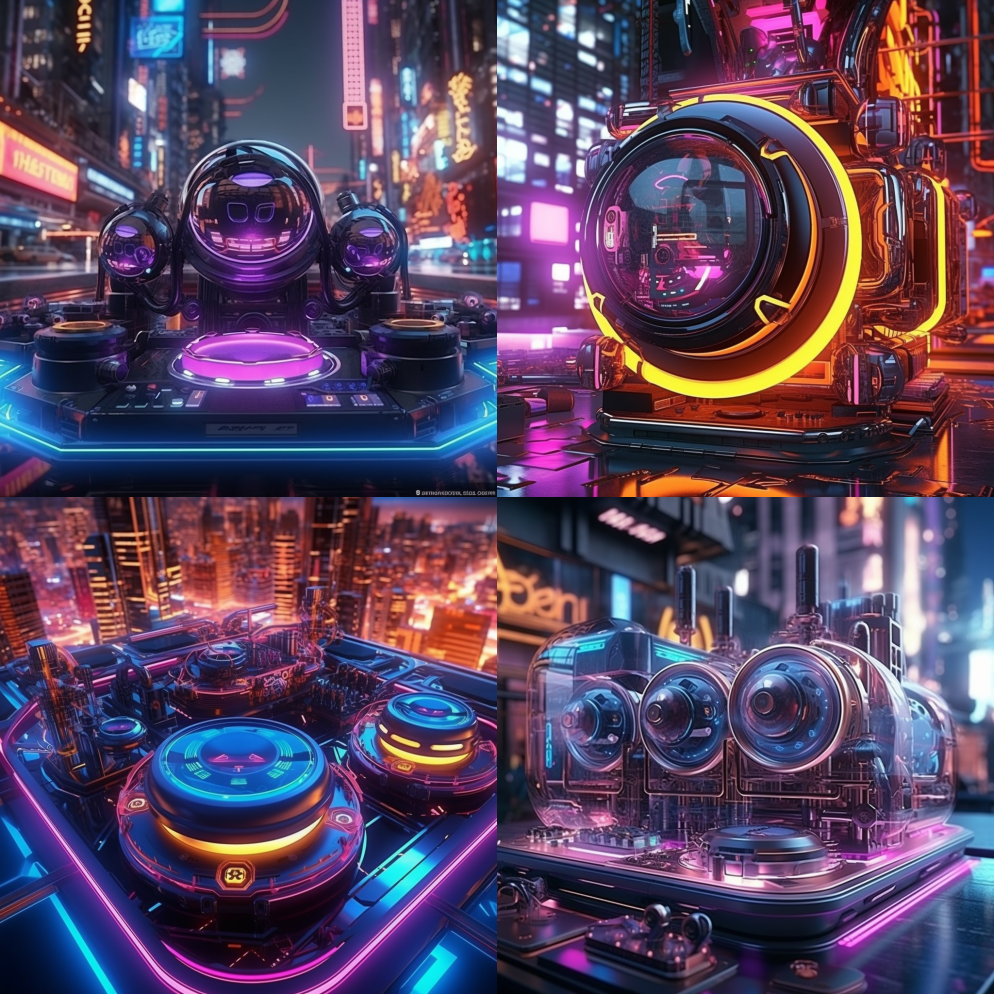 未来DJ设备，3d，赛博朋克，球状，漂浮 – Midjourney Prompt