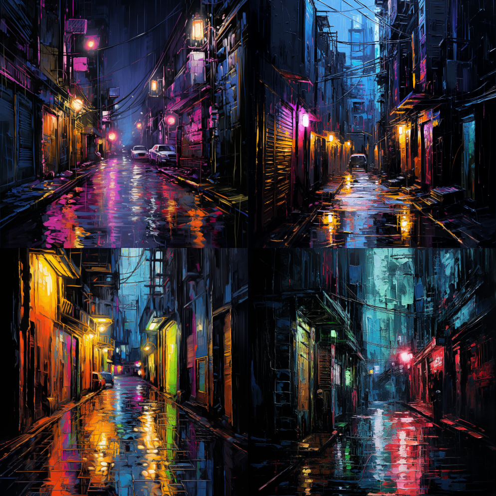 一条下雨的霓虹灯赛博朋克小巷，粗犷的质感 – Midjourney Prompt