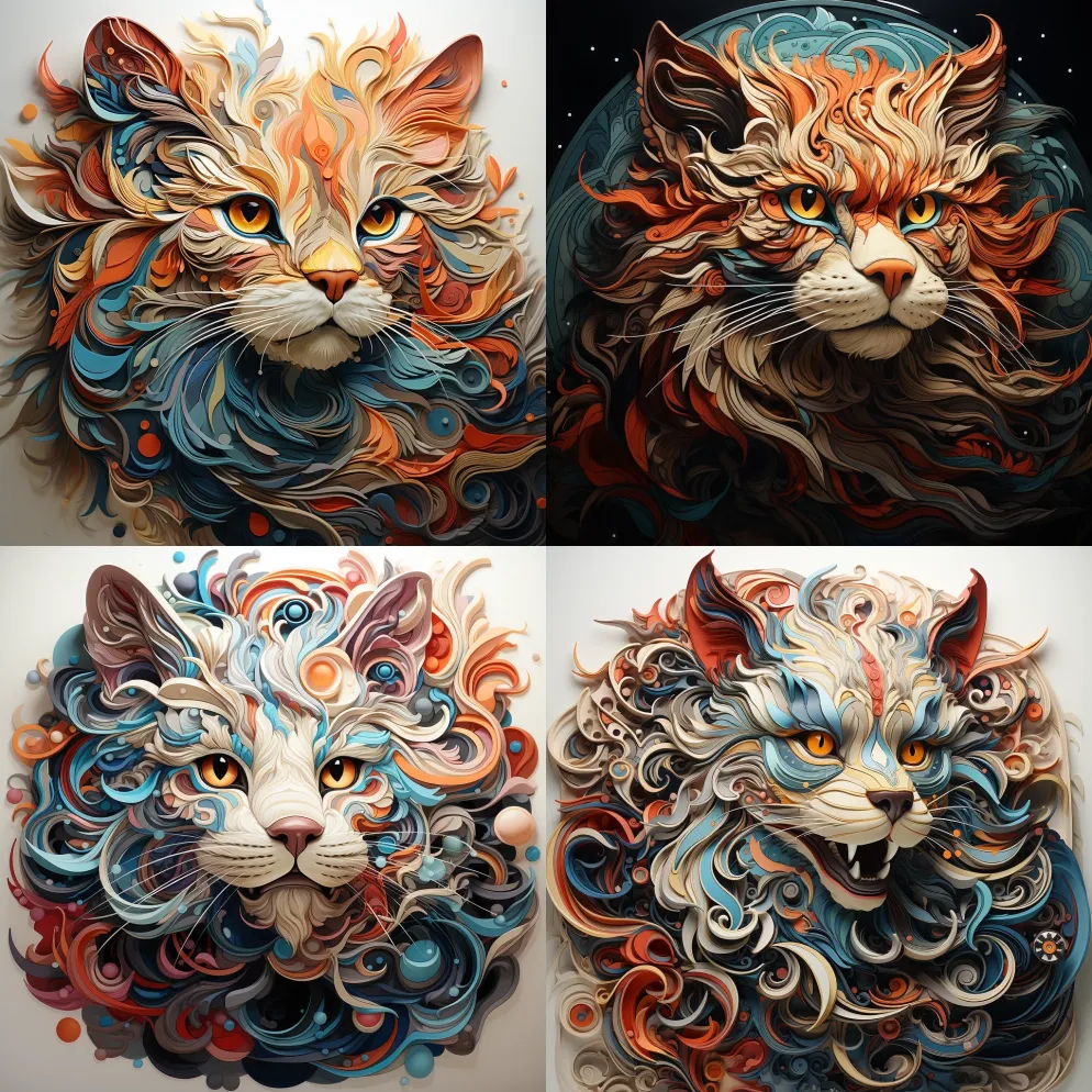 一只时髦的猫叫，印象派抽象立体主义细小光 – Midjourney Prompt