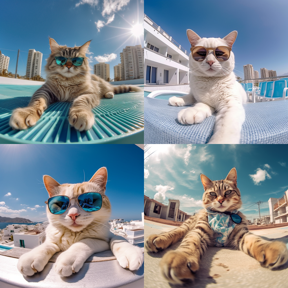 一只戴着时尚墨镜的猫，躺在屋顶上，在海滩 – Midjourney Prompt