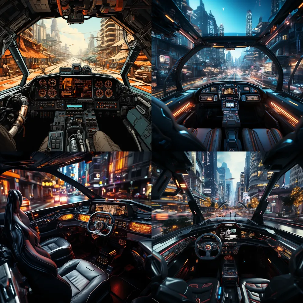 一部展示赛博朋克飞车驾驶舱的电影，以粗糙 – Midjourney Prompt