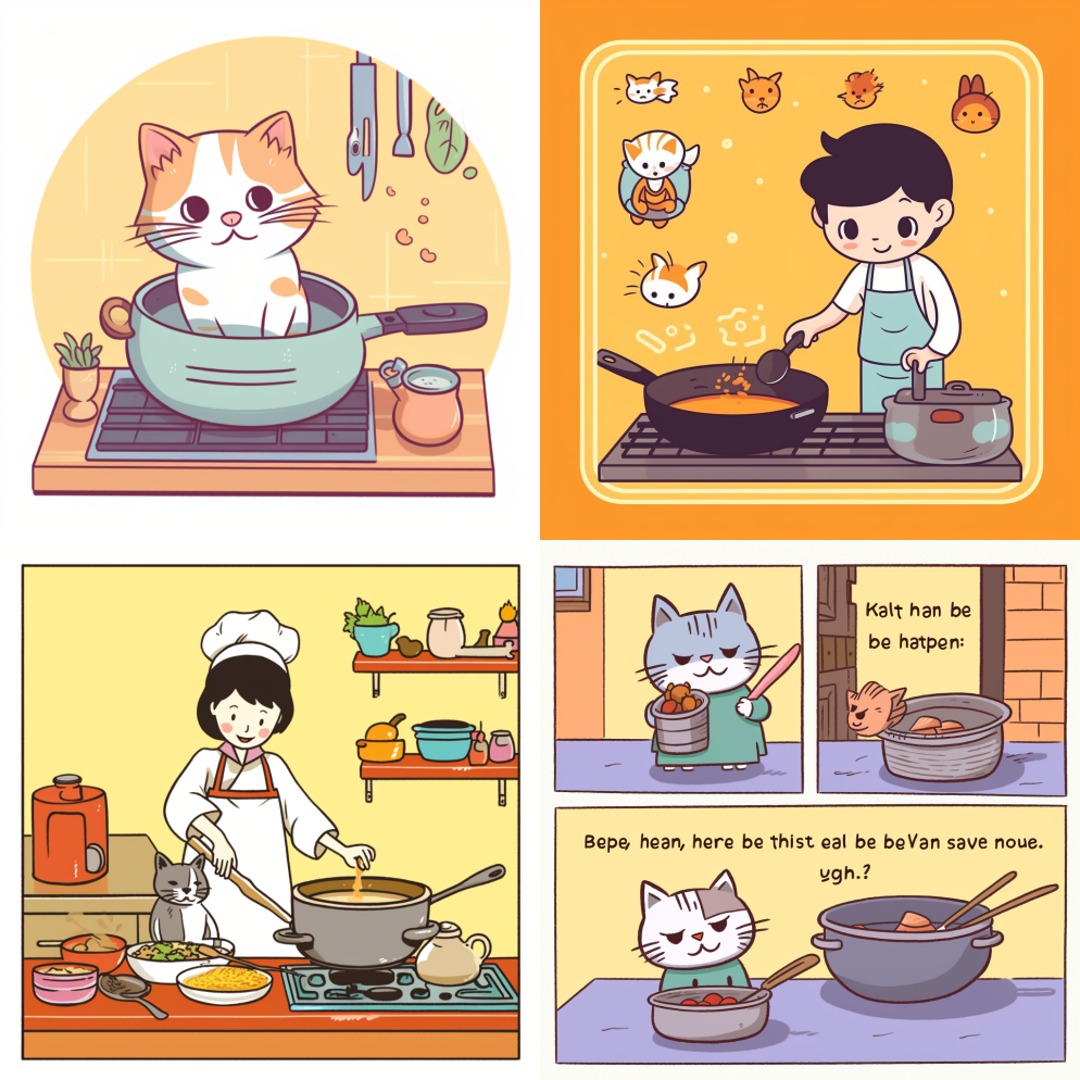 一只猫在做饭，一只猫正在为它准备食物，做 – Midjourney Prompt