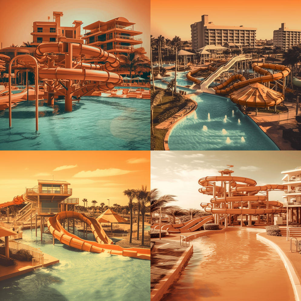 德班海滩的水上公园，以深橙色和淡琥珀色为 – Midjourney Prompt